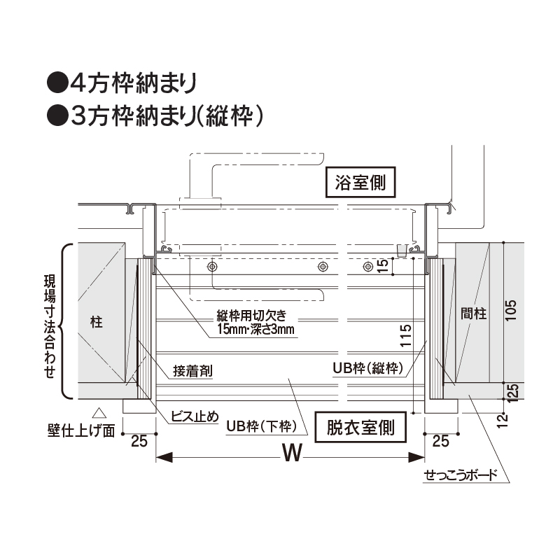 樹脂開口枠 開戸 UR115-3方枠H UR11D23【ケース販売】1セット入 樹脂枠 浴室建材 フクビ化学工業