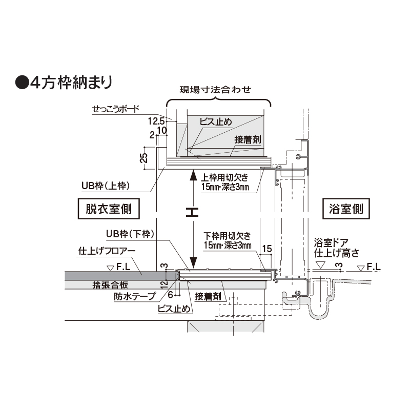 樹脂開口枠 開戸 UR115-3方枠H UR11D23【ケース販売】1セット入 樹脂枠 浴室建材 フクビ化学工業