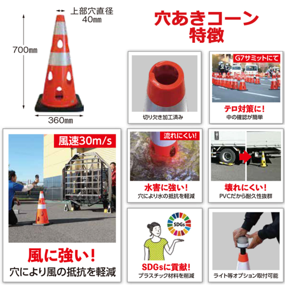 穴あきコーン 黄 CHRK-700YE【ケース販売】5個入 コーン 区画整理 工事 保安 カーボーイ