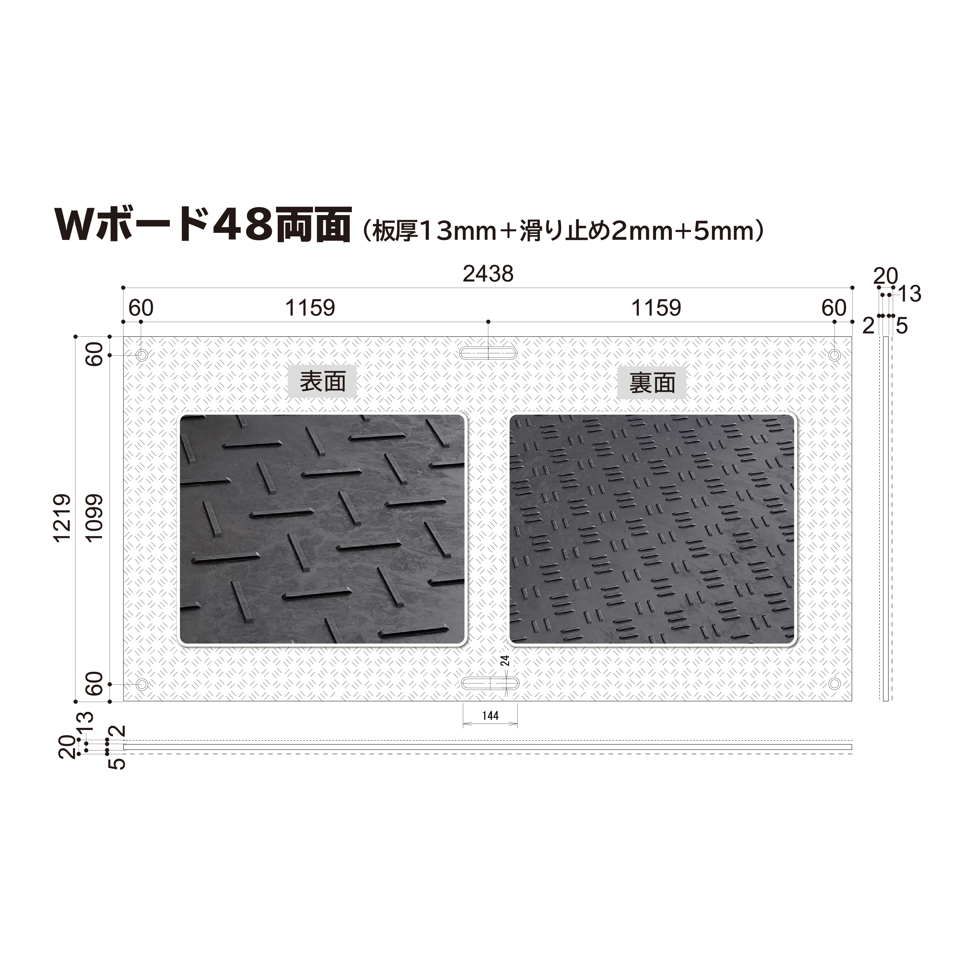 養生用敷板 Wボード 両面凸 厚み20mm（4尺×8尺）黒 Wボード48 敷板 養生用 ウッドプラスチック