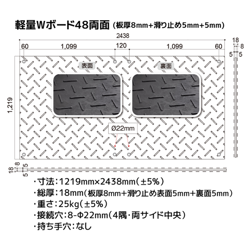 樹脂製 敷板 軽量 Wボード 両面凸 厚み18mm（4尺×8尺）黒 Wボード48 養生 ウッドプラスチック（法人限定）