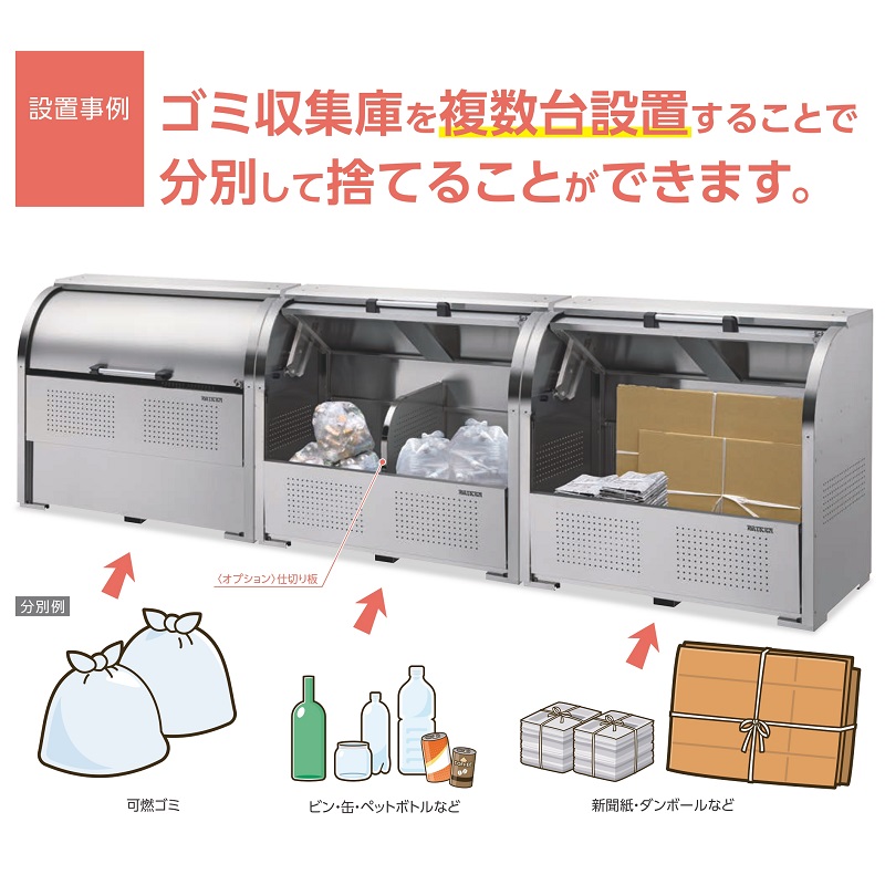 ゴミ収集庫を複数台設置して可燃ごみ・ビン缶ペットボトル・段ボールを分別する設置イメージ図