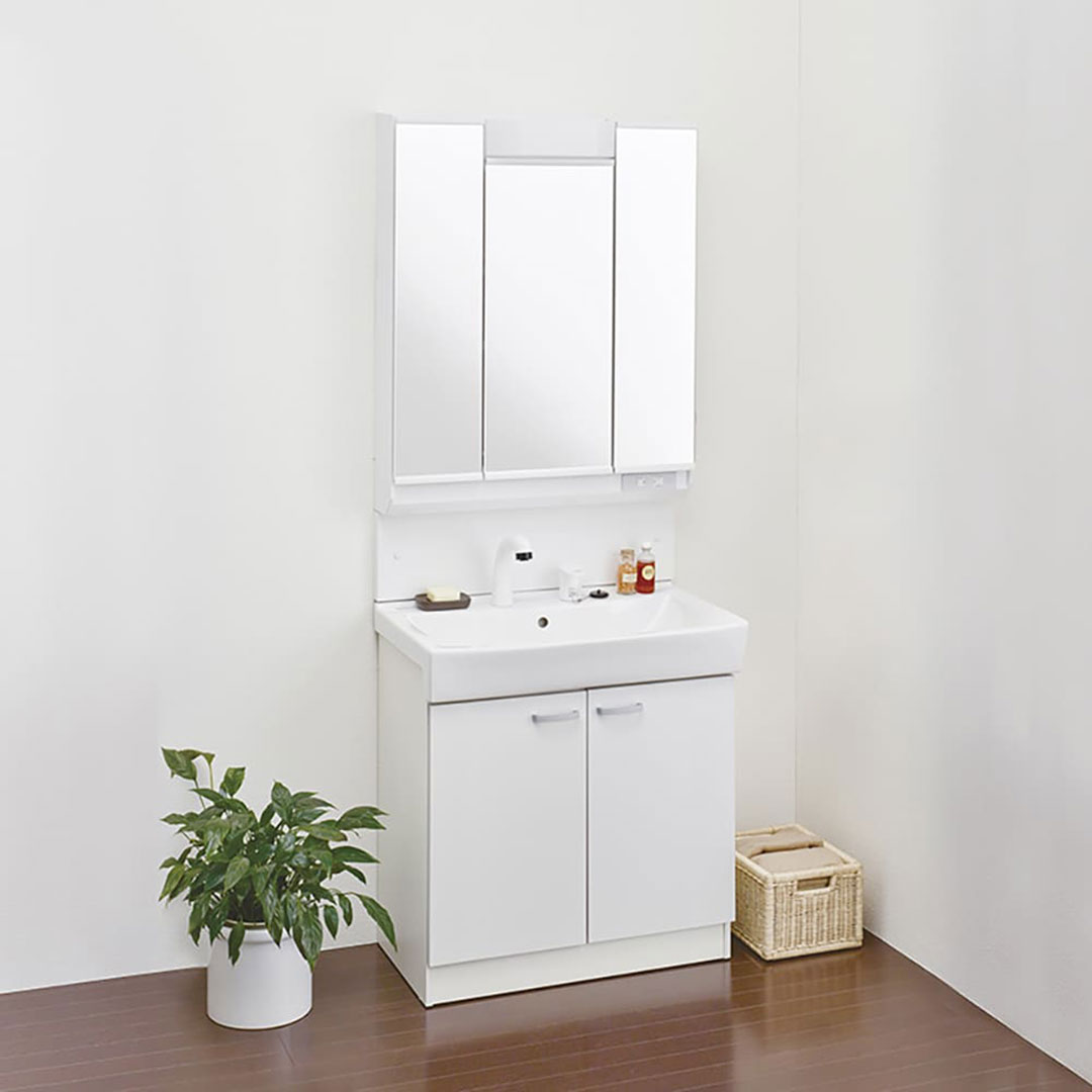 リフレスタンド W750 洗面化粧台 セット 3面鏡 ホワイト シャワー水栓 くもり止めコート ジャニス工業(法人限定)