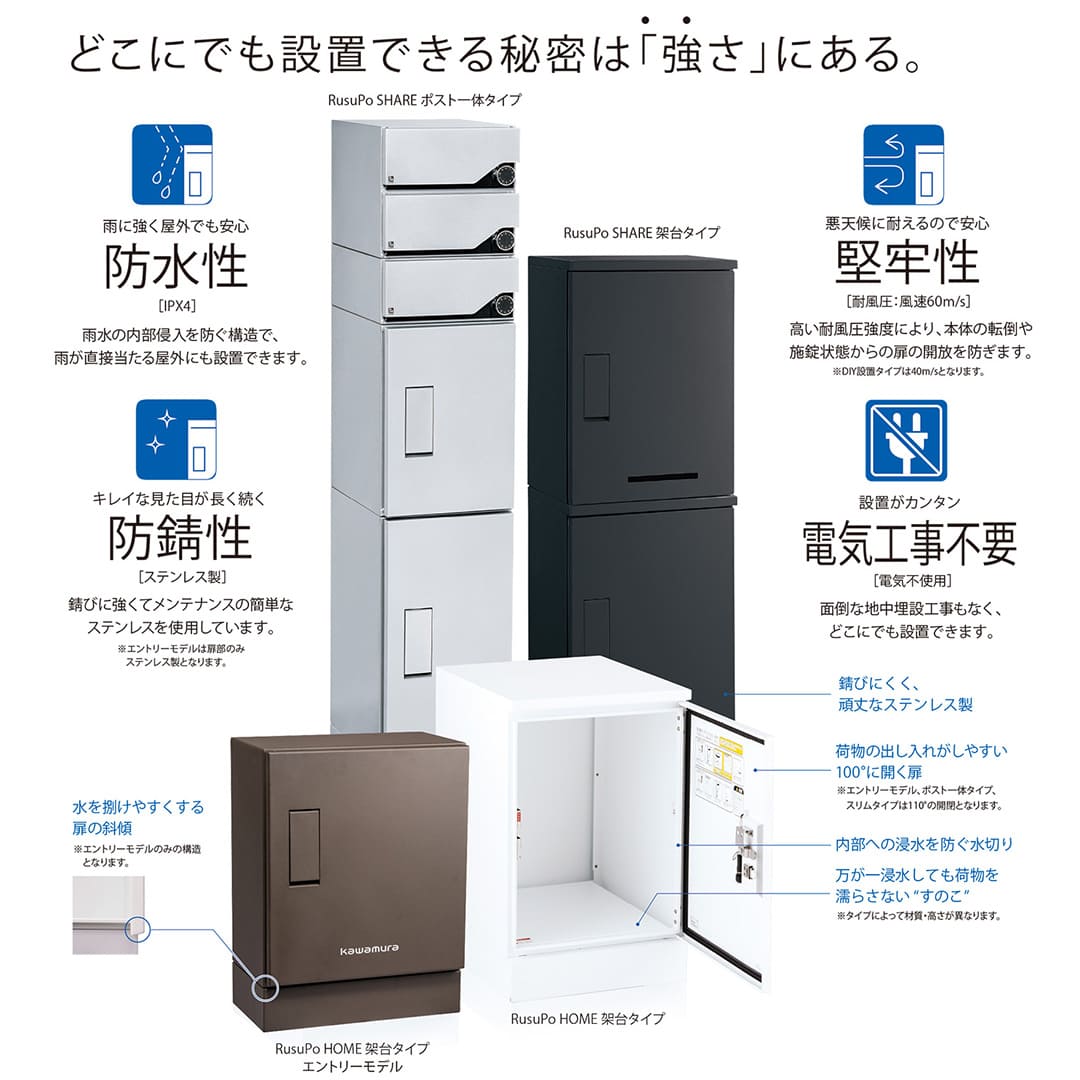 河村電器産業 ルスポ ホーム 架台タイプ 奥行500mm ブラック KDP6045-50CBL 戸建用 宅配ボックス