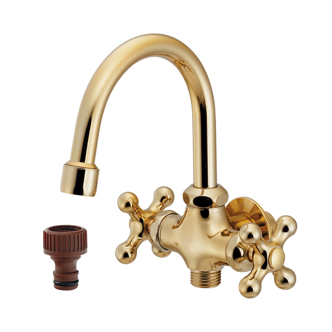 双口横形スワン水栓 アンティークゴールド 節水固定コマ仕様 704-410-AG (後継品: 704-501-AG ) カクダイ