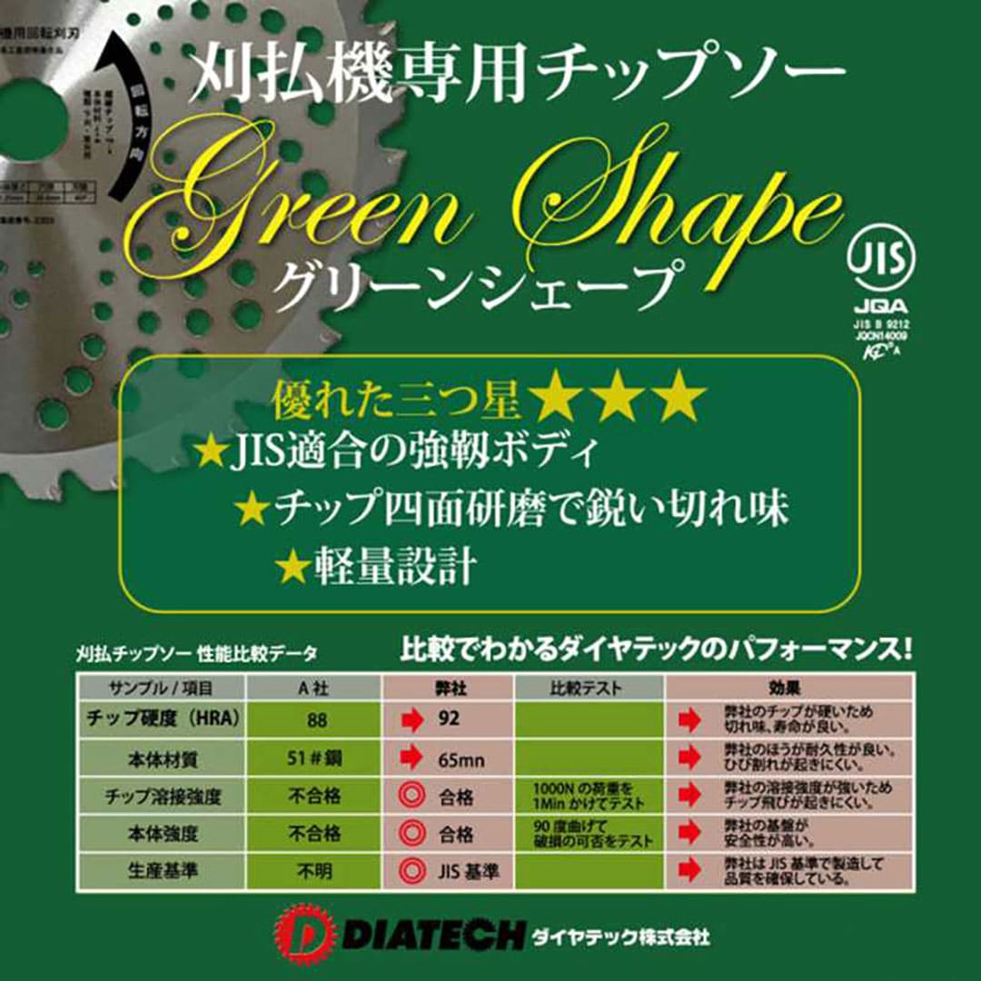 草刈り チップソーグリーンシェープ DTKK255 Φ255mm【ケース販売】10枚入 刈払機専用 JIS ダイヤテック