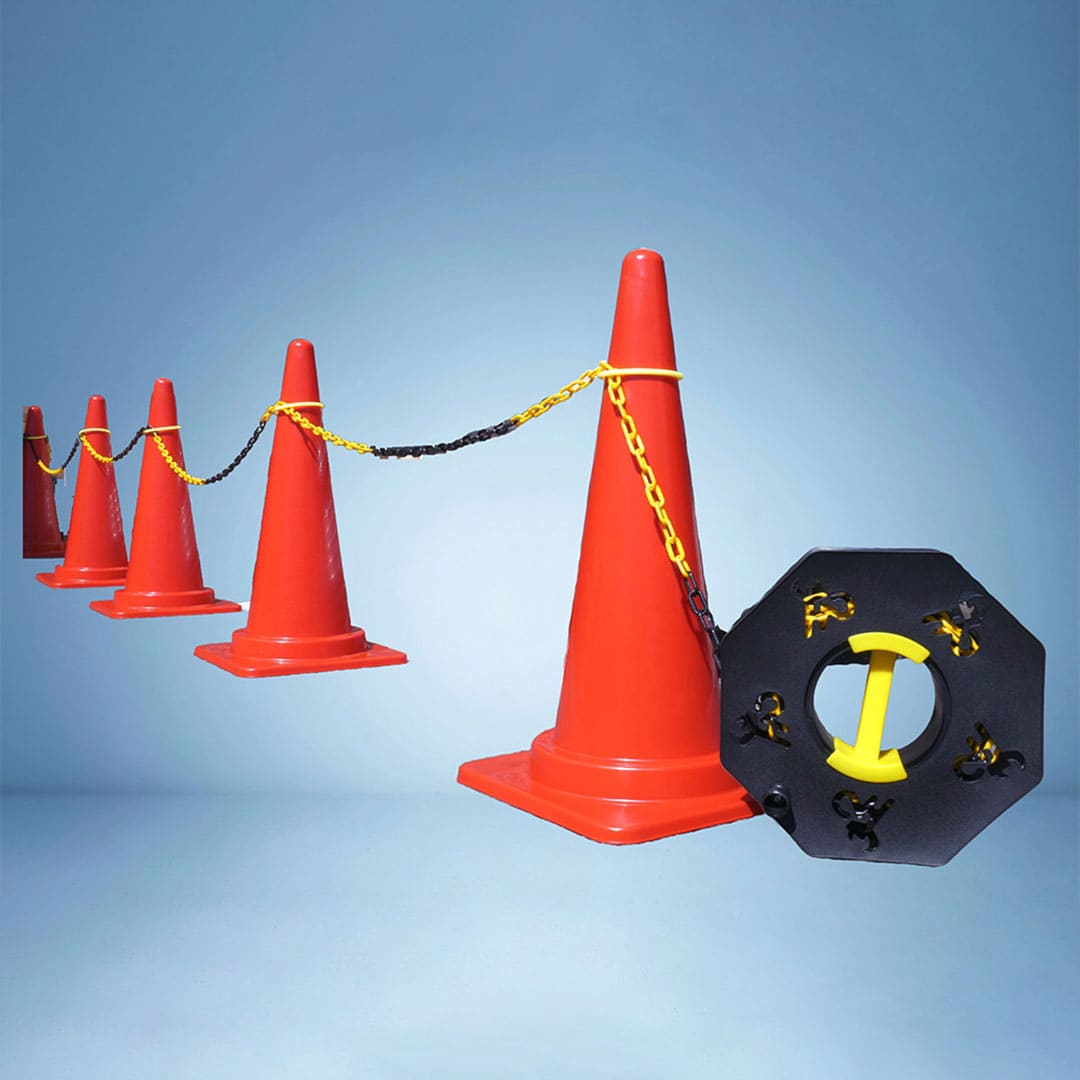 チェーンリール トラ柄 AR-3371 収納型 チェーン カラーコーン 工事現場 仮囲い アラオ