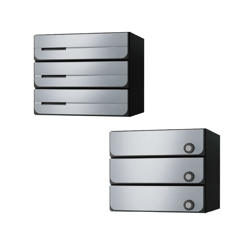 ナスタ ポスト W360×H100 前入後出/両側防滴タイプ/上開き/3戸用 KS-MB3402PU-3L-SV シルバー 静音大型ダイヤル錠  集合住宅用ポスト