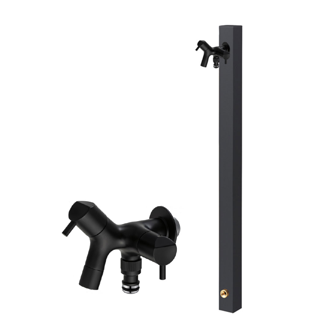 ガーデン水栓柱 60角(水栓柱＋蛇口2) マットブラック エバーアートウッド 46824900 タカショー（法人限定）