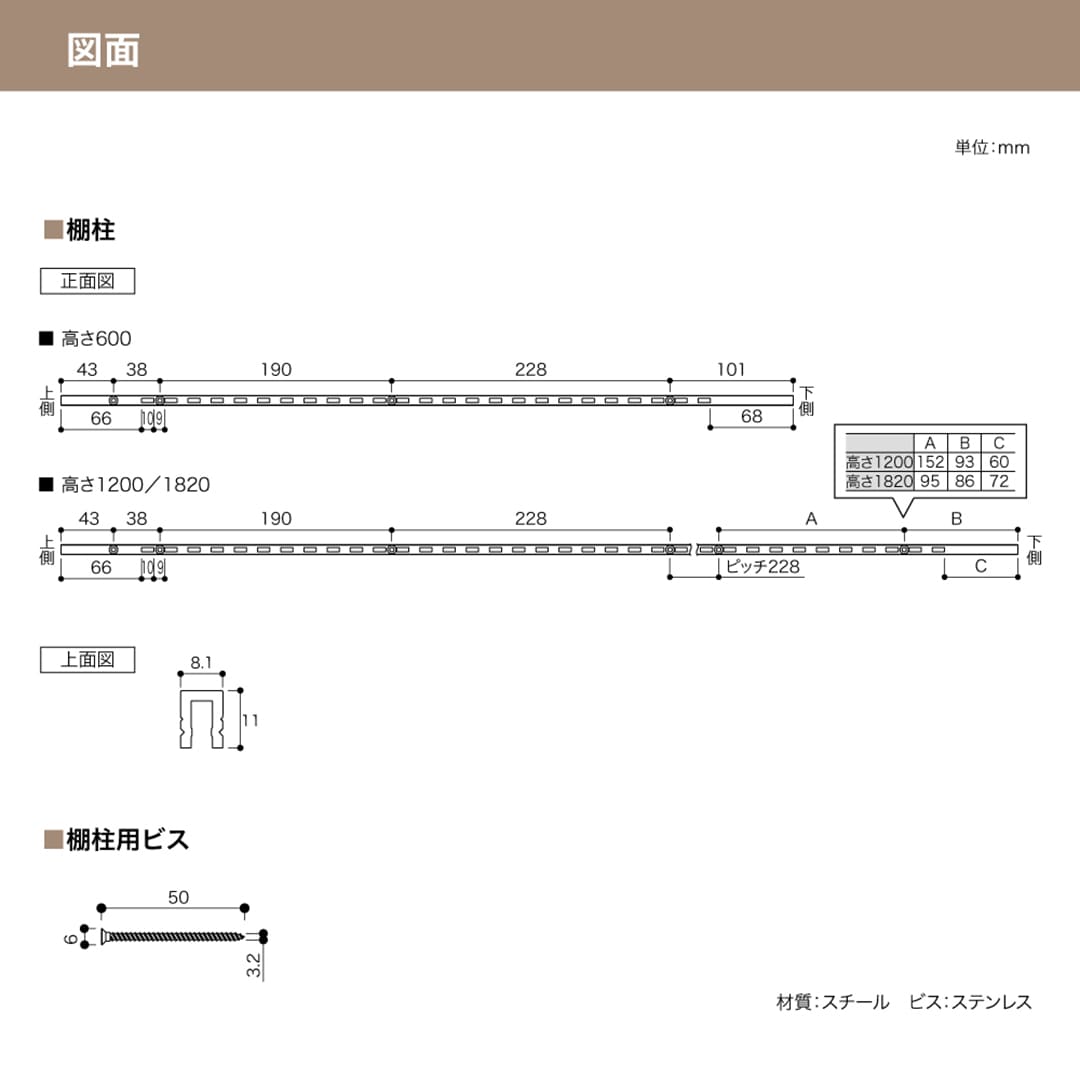 アームハング棚柱SS 棚柱【ケース販売】2本入 L1820 SSブラック SS-H18B-2 南海プライウッド