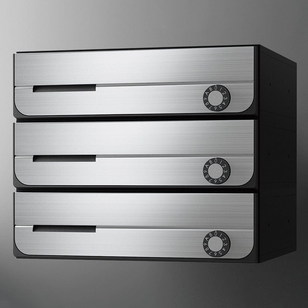 ナスタ ポスト W360×H100 前入前出/屋内タイプ/上開き/3戸用 KS-MB3002PU-3L-S ステンレスヘアーライン 静音大型ダイヤル錠 集合住宅用ポスト