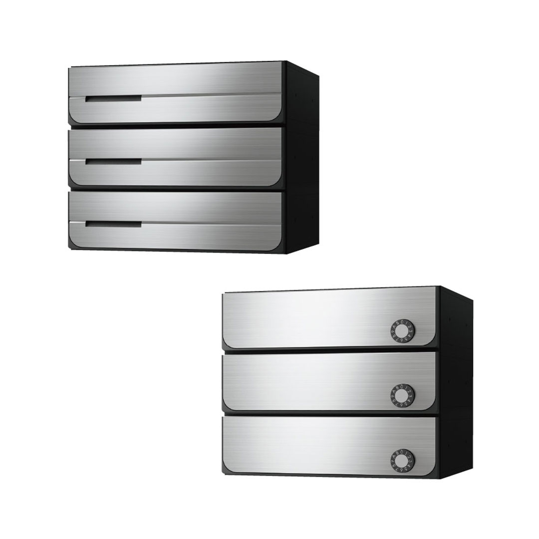ナスタ ポスト W360×H100 前入後出/屋内タイプ/上開き/3戸用 KS-MB3102PU-3L-S ステンレスヘアーライン 静音大型ダイヤル錠  集合住宅用ポスト