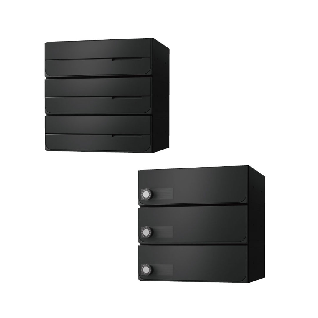 ナスタ ポスト W360×H120 前入後出/両側防滴タイプ/上開き/3戸用 KS-MB4402PU-3L-BK ブラック 静音大型ダイヤル錠  集合住宅用ポスト