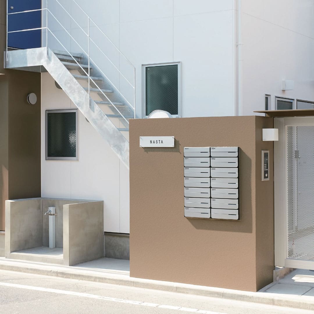 ナスタ ポスト W360×H120 前入後出/防滴タイプ/横開き/2戸用 KS-MB4302PY-2L-S ステンレスヘアーライン 静音大型ダイヤル錠  集合住宅用ポスト