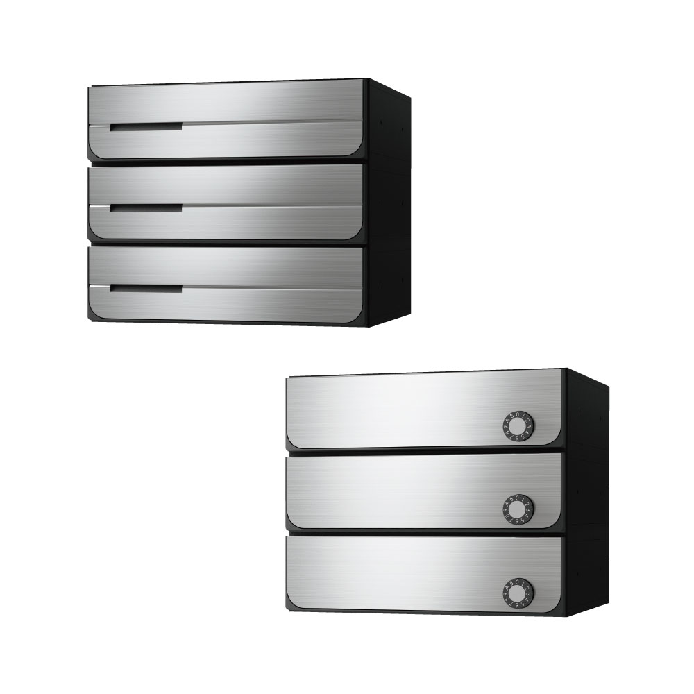ナスタ ポスト W360×H100 前入後出/両側防滴タイプ/上開き/3戸用 KS-MB3402PU-3L-S ステンレスヘアーライン 静音大型ダイヤル錠  集合住宅用ポスト