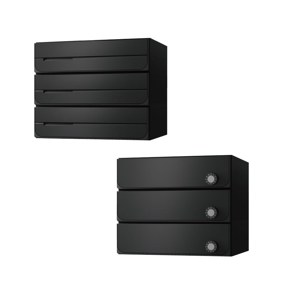 ナスタ ポスト W360×H100 前入後出/両側防滴タイプ/上開き/3戸用 KS-MB3402PU-3L-BK ブラック 静音大型ダイヤル錠  集合住宅用ポスト