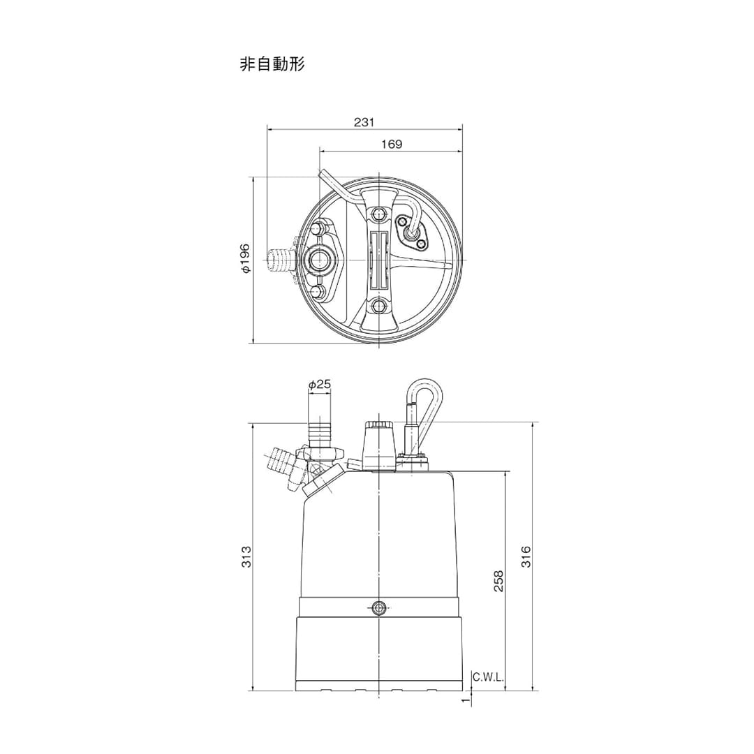 ツルミポンプ 低水位排水用 水中ハイスピンポンプ LSC1.4S 50Hz仕様 単相100V 0.48kW 口径25mm 最低水位1mm 非自動形 鶴見製作所