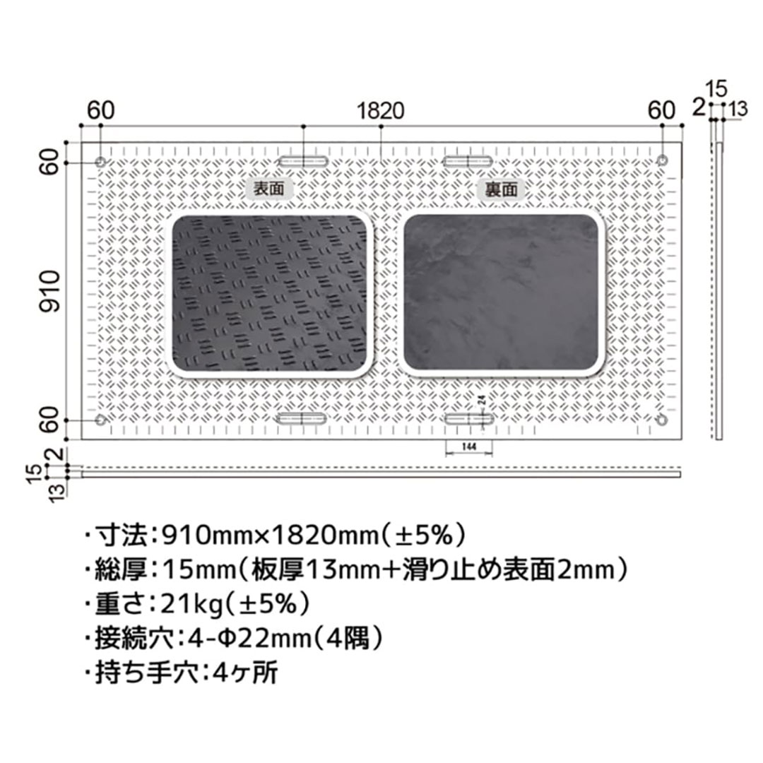 樹脂製 敷板 Wボード 片面凸 持手4 厚み15mm(3尺×6尺)緑【購入数:20枚以上】Wボード36 ウッドプラスチック(法人限定)