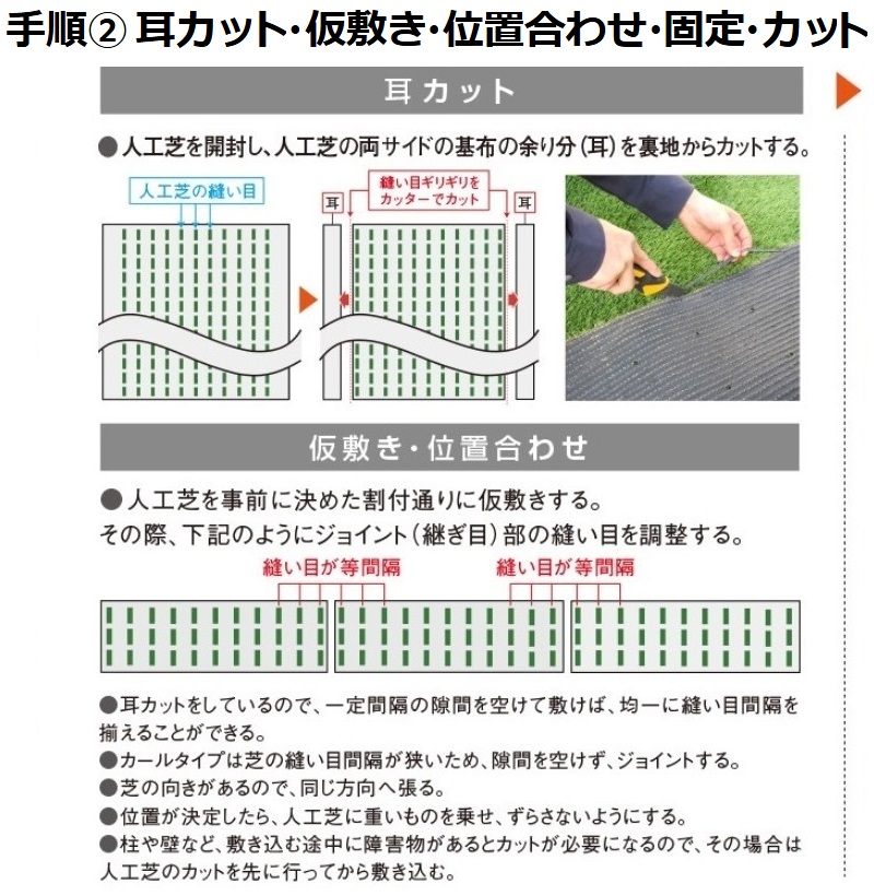 クローバーターフ 施工 耳カット 仮敷き 位置合わせ 固定 カット ジョイント 継ぎ目 つなぎ 縫い目