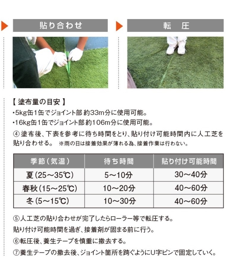 クローバーターフ 施工 貼り合わせ 接着剤 ローラー 転圧 養生テープ 撤去 Uピン